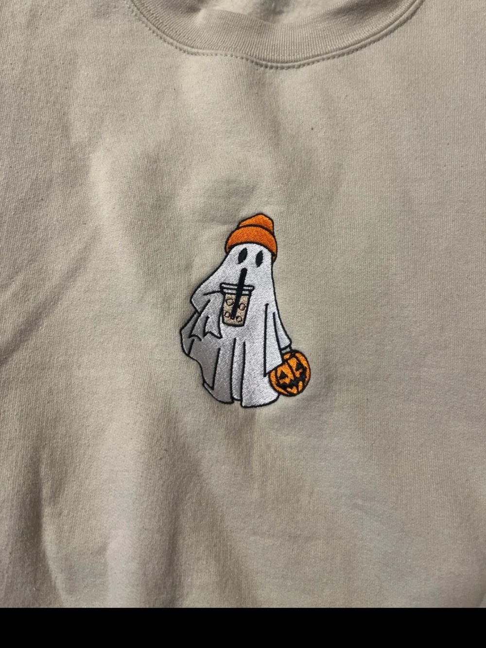 Gildan Cream Sweatshirt with Orange & White Ghost Patch Size XL Heavyweight